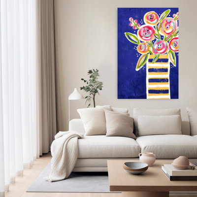 Striped Floral Vase Abstract Bold Colorful Wall Art Print 1 Piece Wrapped Canvas Wall Art
