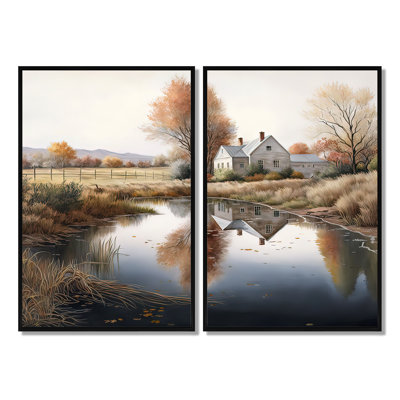 Small River To The Farm I - Farm Barn Landscape Wall Art 2 Pieces