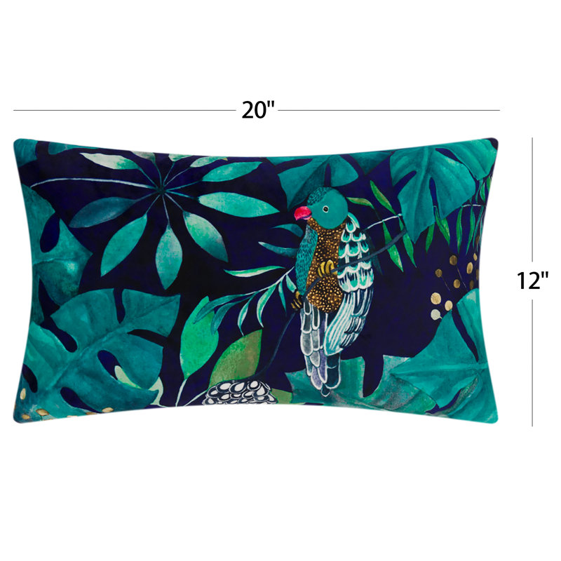 Housse de coussin en velours avec motif paon, H 12 po x l 20 po, Marine, Forme rectangulaire