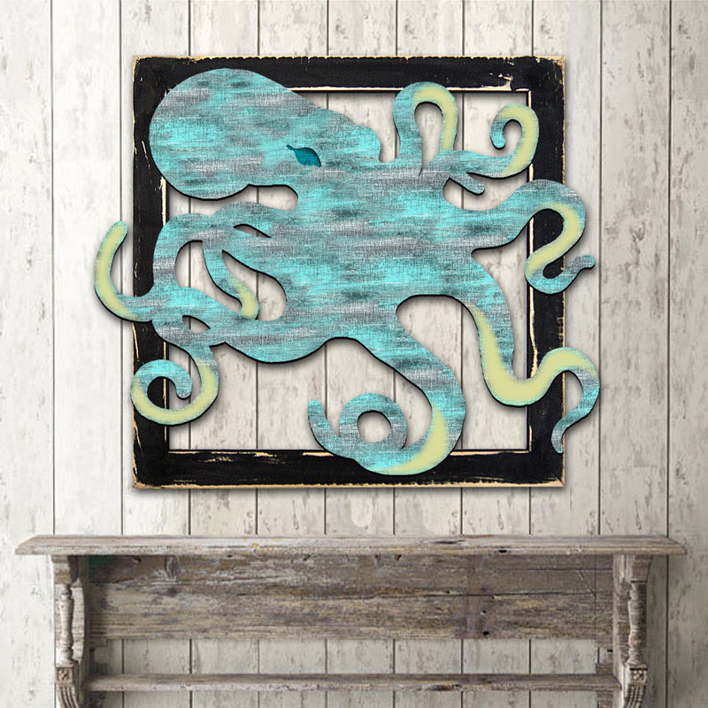 Pieuvre dans un cadre mural en bois, H 18 po x l 36 po x P 2 po