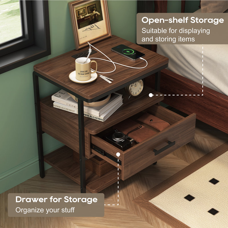 Two Nightstand With Storage, Built-in Outlets, and Drawer for Bedroom and Living Room and Built-in Outlets, Brown