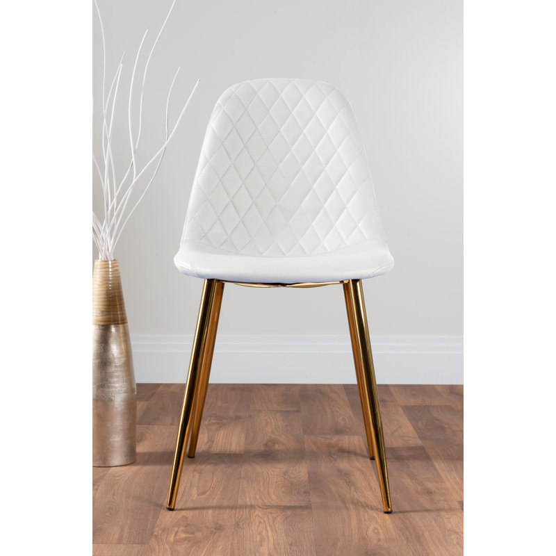 Tierra Modern Chrome Metal & Glass Round Dining Table Set with 4 Luxury Faux Leather Chairs, White/Gold