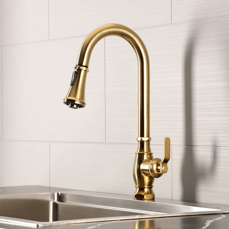 Kingston Brass Whitaker Single-Handle Pull-Down Kitchen Faucet, Brushed Brass