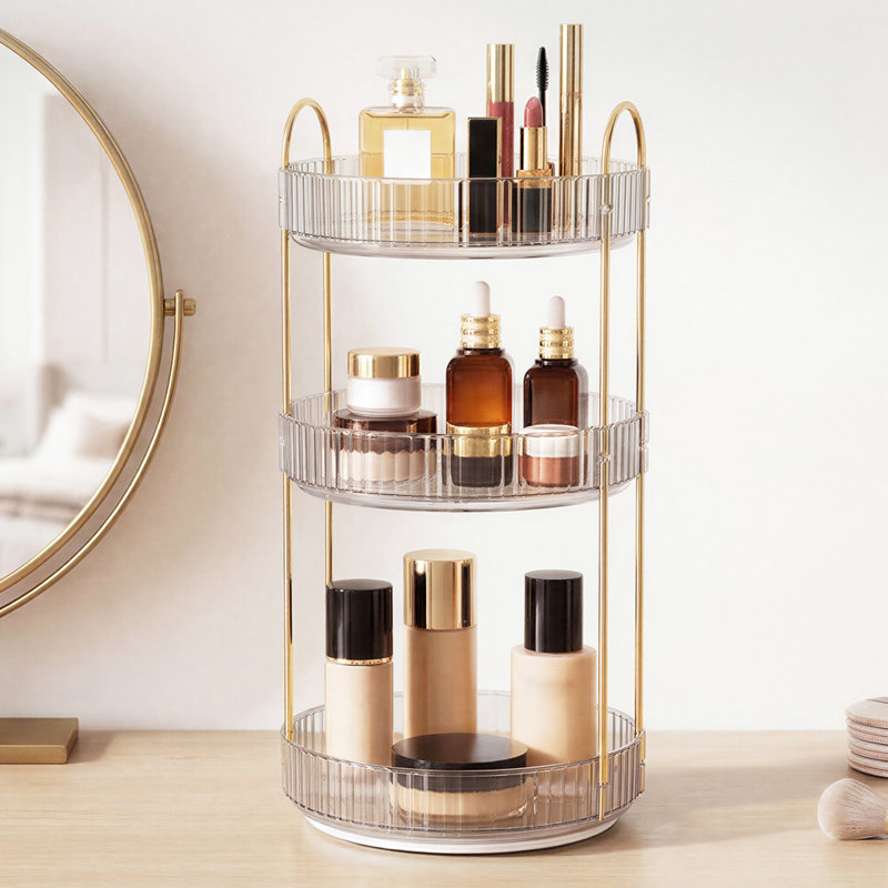 ilus Makeup Organiser 360 Rotating Spinning 3 Tiers Cosmetic Organizer White, Brushed Gold/Clear