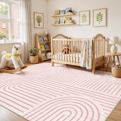 Washable Area Rug Rainbow Striped Non Slip Pink Carpet  for Nursery Baby Room Bedroom 