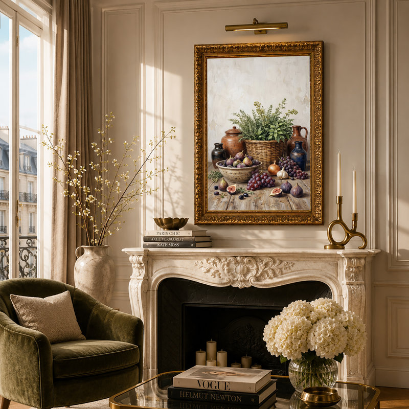 Tableau sur toile représentant des figues violettes et des raisins avec des herbes vertes sur une table en bois