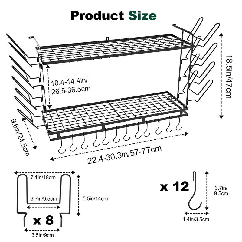 Support à casseroles à fixation murale, extensible de 22 po à 30 po de longueur