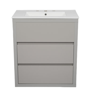 Meuble-lavabo moderne de 30 po avec lavabo en céramique gris Wurster, tiroir à 45 poignées, glissières à fermeture en douceur, rangement spacieux à deux tiroirs, luxe américain de couleur grise 2 tiroirs, poignée, style encastré