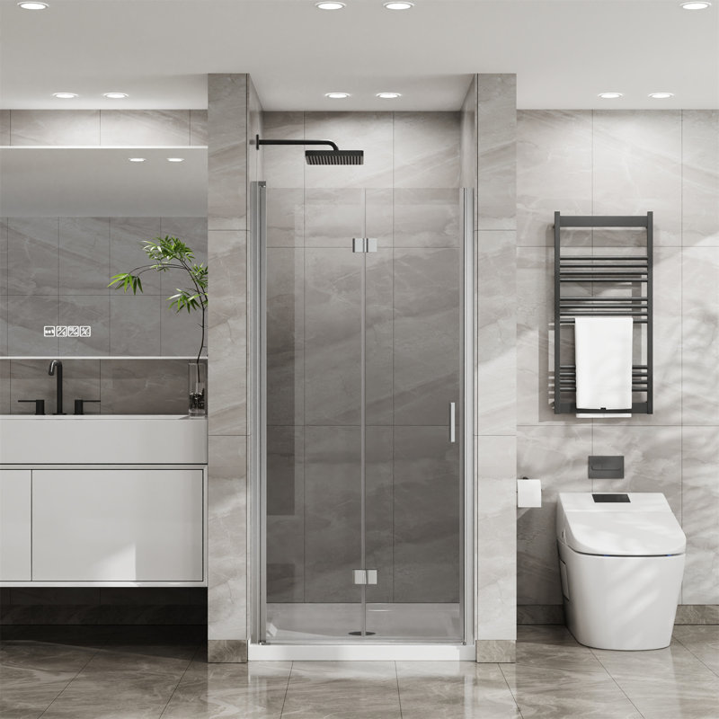 34"X 72" Bifold Frameless Glass Shower Door 1/4 Inch Tempered Clear Glass Pivot Swing Shower Panel Foldable, Chrome