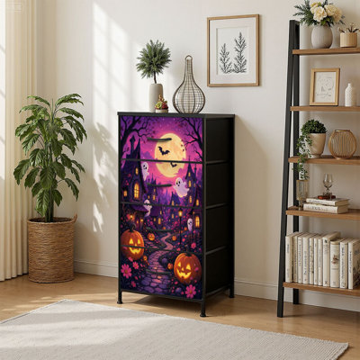 Commode de rangement verticale 4 tiroirs Village d'Halloween fantaisiste citrouilles brillantes sous la pleine lune avec tiroirs en bois