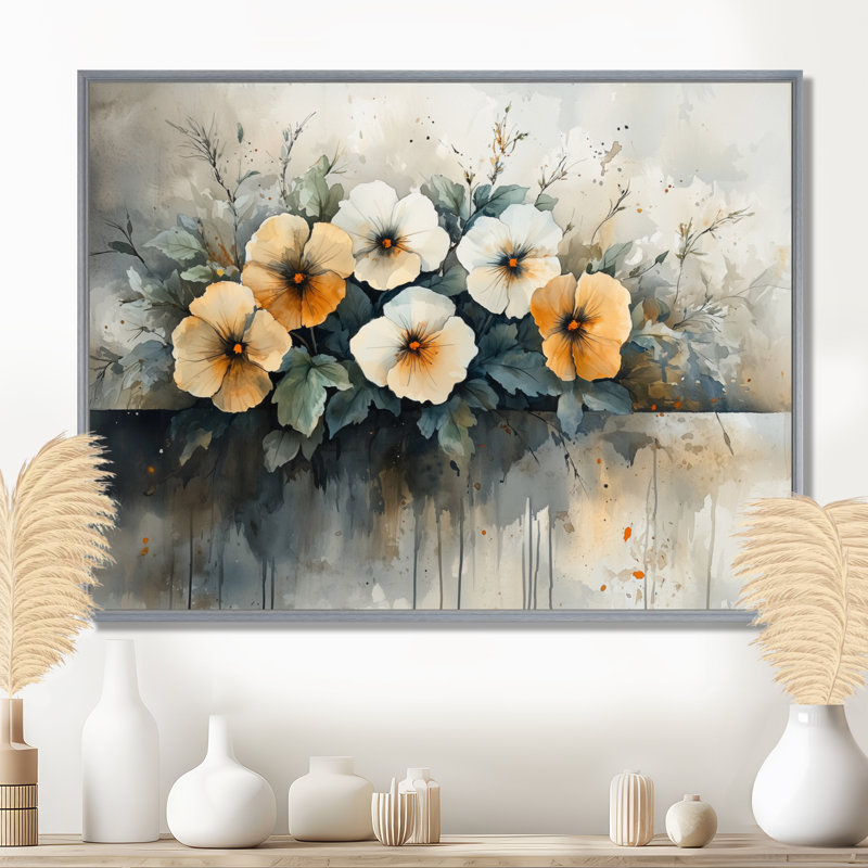 Art sur toile orange, blanc et fleurs de coquelicots I, H 30 po x l 40 po, Reproduction avec cadre flottant, Argent argent