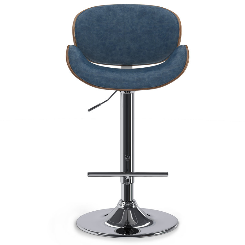 Marana Adjustable Swivel Upholstered Mid-Century Modern Bar Stool with Bentwood Frame, PU Faux Leather-Blue