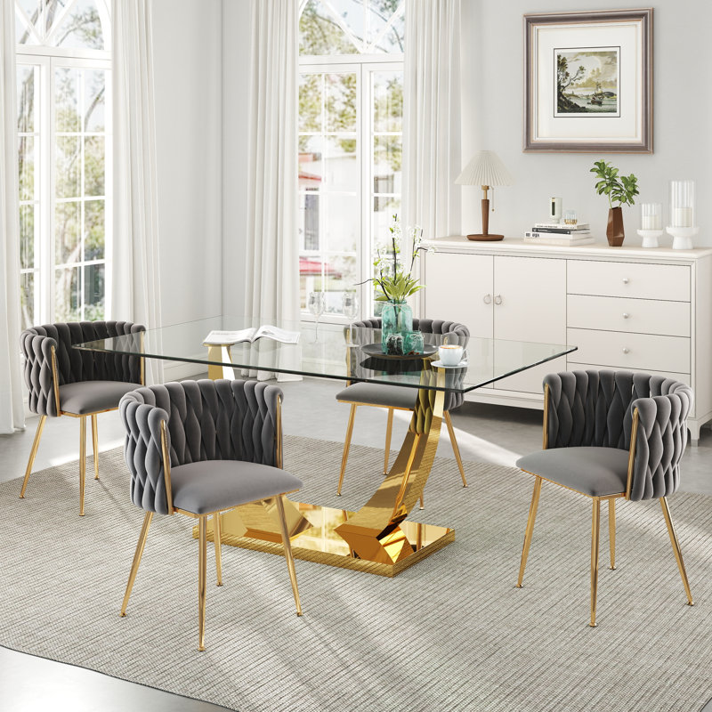 Rectangle Pedestal Dining Set with Woven Dining Chair, Dark Gray, Gold