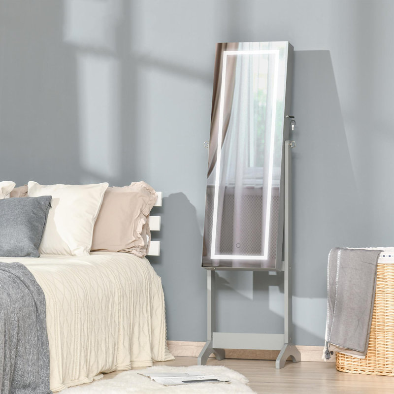 Armoire à bijoux sur pied avec éclairage à DEL, organisateur de bijoux verrouillable avec miroir pleine longueur et 4 angles réglables, gris