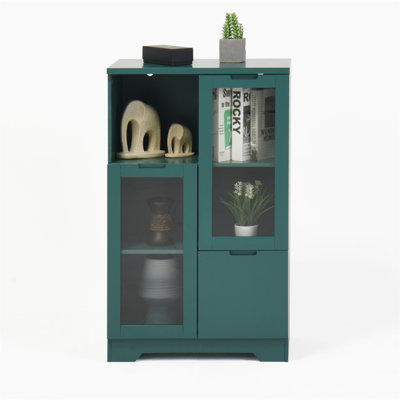 Wooden Floor Cabinet With 2 Glass Doors And 2 Storage Spaces For Living Room, Bathroom, And Entryway