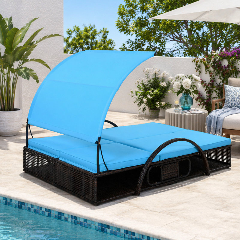 Chaise longue d'extérieur en acier avec dossier réglable, lit double de patio avec table d'appoint cachée et accoudoirs arqués