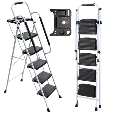 Escabeau pliant à 5 marches avec rampes et plateforme à outils, escabeaux pour adultes d'une capacité de 330 lb