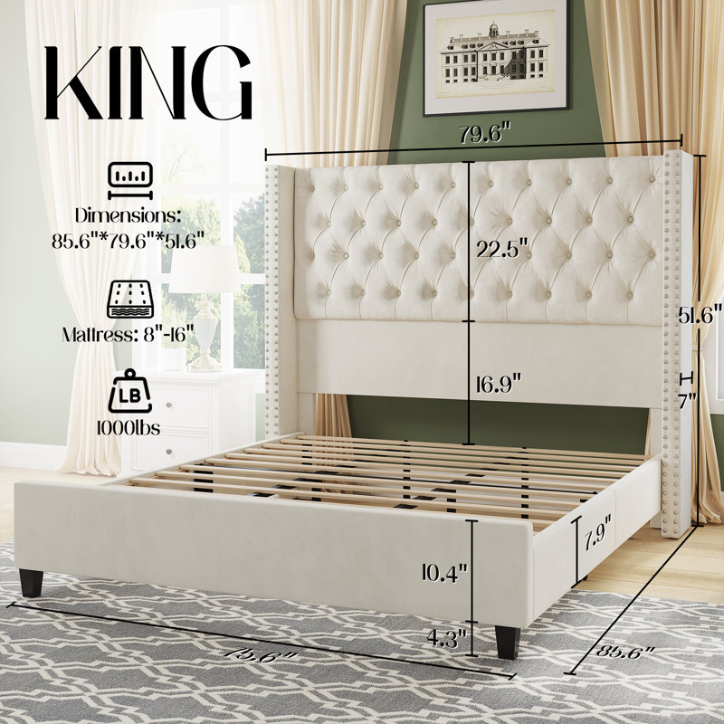 Dillwyn Upholstered Wingback Bed, Cream, King