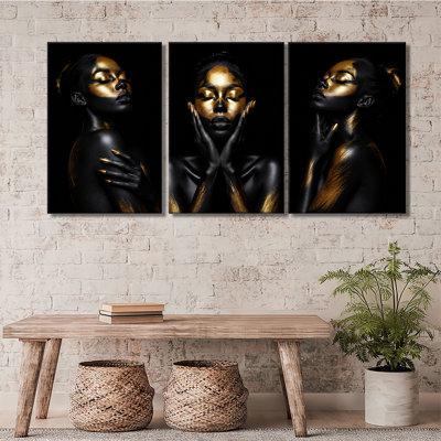 «Black and Gold», portrait de femmes afro-américaines sur toile tendue prête à accrocher, décoration murale moderne pour chambre à coucher 3 pièces