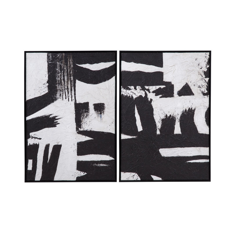 Ensemble noir et blanc de 2 toiles abstraites peintes à la main avec cadre noir