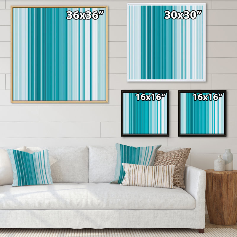 Reproduction d'art mural sur toile à rayures verticales turquoise, H 36 po x l 36 po x P 1 po, Cadre flottant blanc