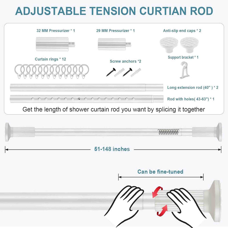 377cm Straight Shower Curtain Pole, White