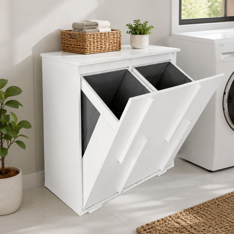 Armoire de rangement pour buanderie autoportante avec portes cannelées, 2 sacs de rangement amovibles en tissu munis de poignées pour salle de bain et buanderie