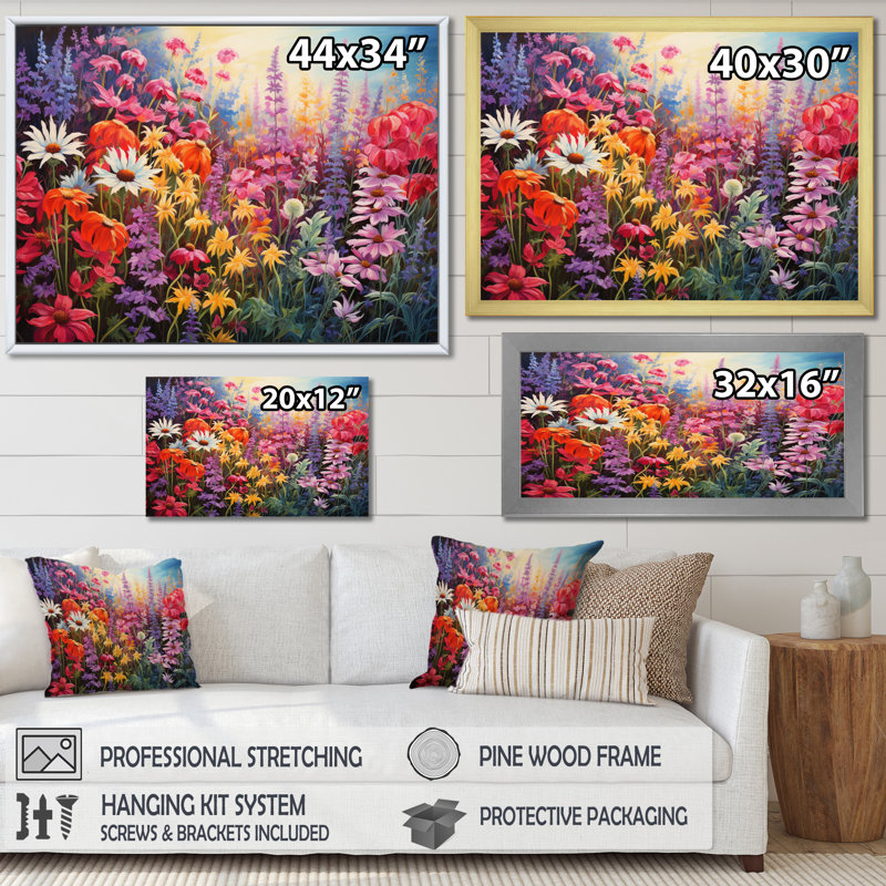 Fleurs sauvages dans un jardin de couleurs, reproduction sur toile, Cadre flottant doré, 12" H x 20" W