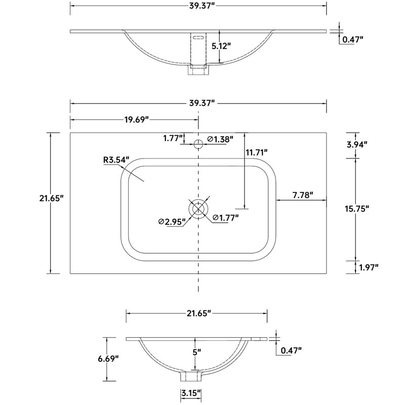 Lavabo pour salle de bain en résine de pierre - blanc mat, 38,67 lb, polyvalent, teinté, lavabo à lignes épurées, profondeur 39,98 po, largeur 21,83 po, hauteur 6,71 po, empreinte adaptable lb