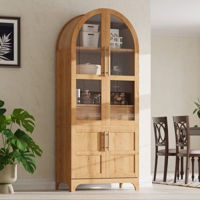 71" High Arched Kitchen Pantry, Modern Wooden Storage Cabinets with Glass Doors