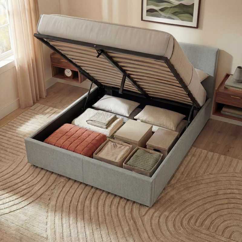Enya Upholstered Ottoman Bed, UKFR Certified, Light Grey, Kingsize (5')