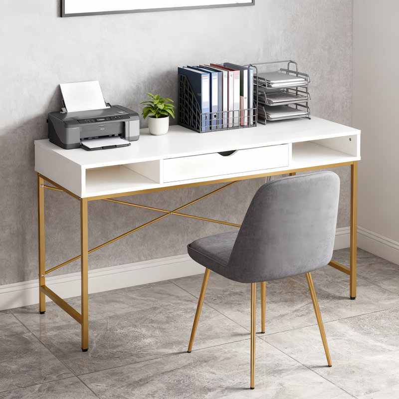 Desk with Built-in Outlets - Modern Office Desk with USB Charging Ports, White/Gold