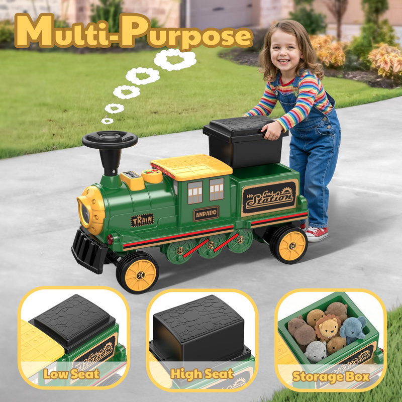 DEARAUTO 12V alimenté par train pour tout-petits, jouets électriques pour voiture avec roues en caoutchouc, boîte de rangement, phare à DEL, lecteur de musique, train à 2 places sans rail, sifflet de train Choo Choo, cadeau idéal pour les garçons