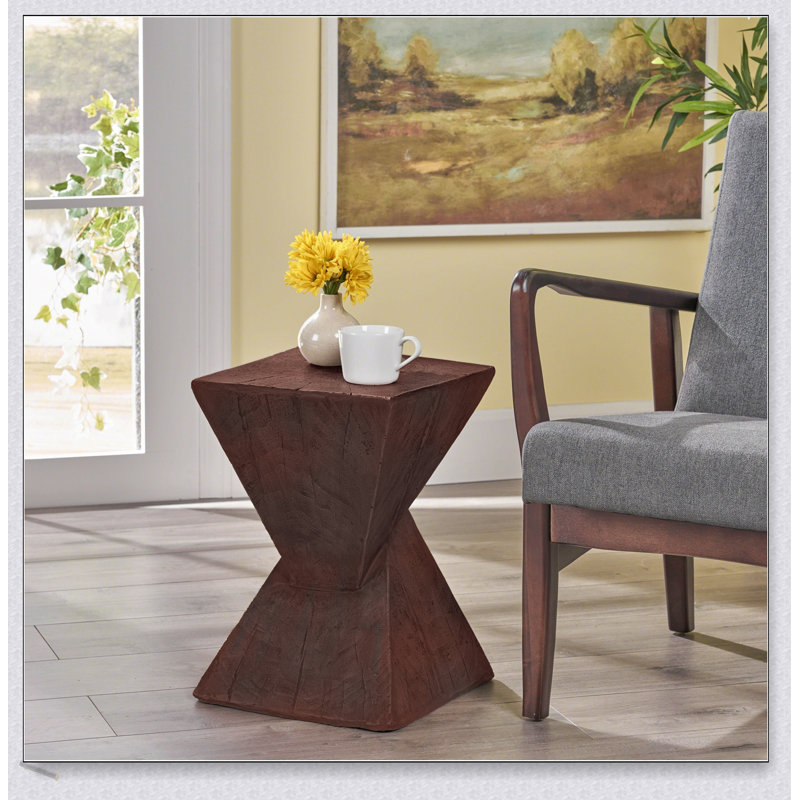 Geometric MGO Side Table With Twisted Hourglass Design And Wood-Like Finish, Durable And Versatile For Indoor And Outdoor Use
