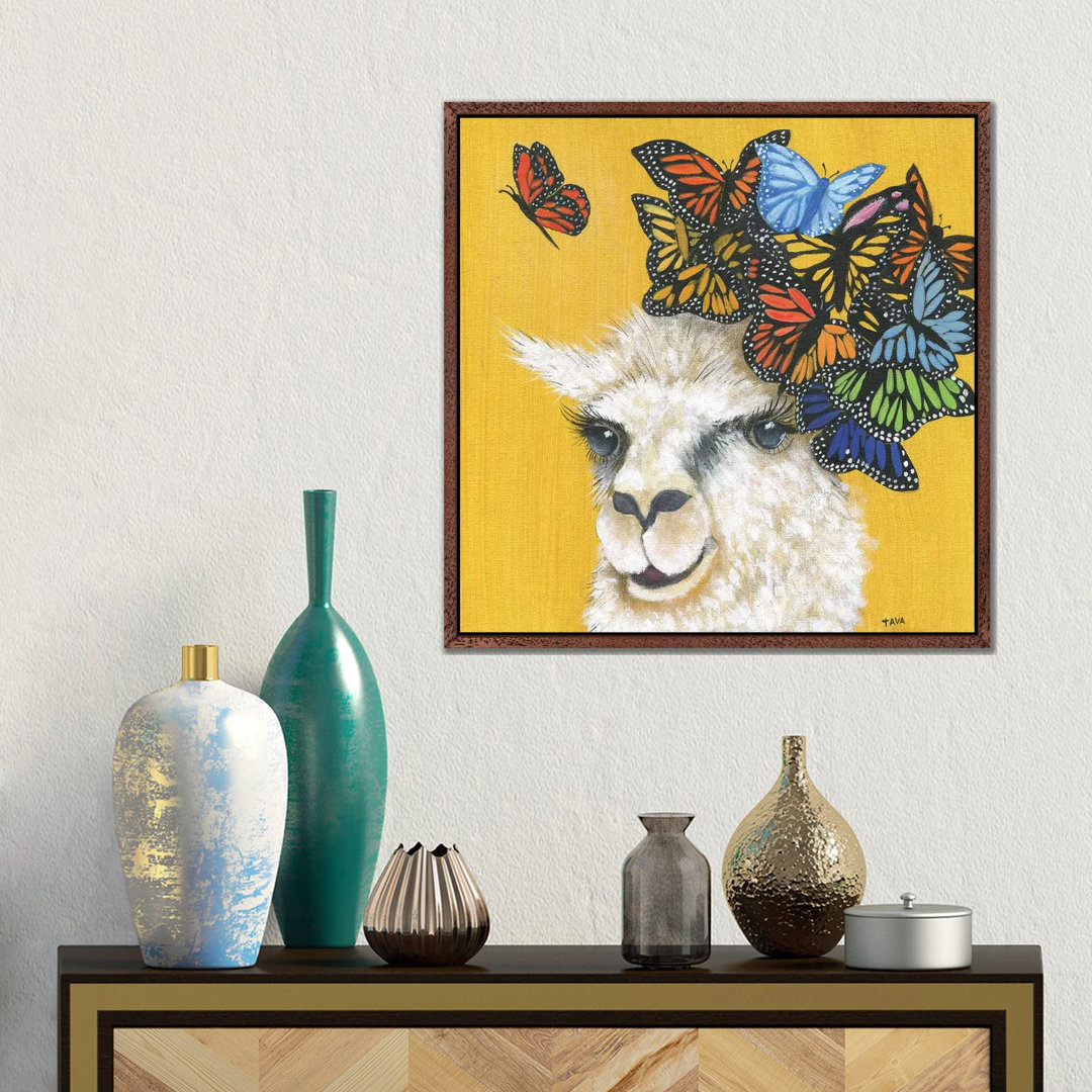 Lama und Schmetterlinge von Tava Studios - Galerie-verpackte Leinwand Giclée auf Leinwand