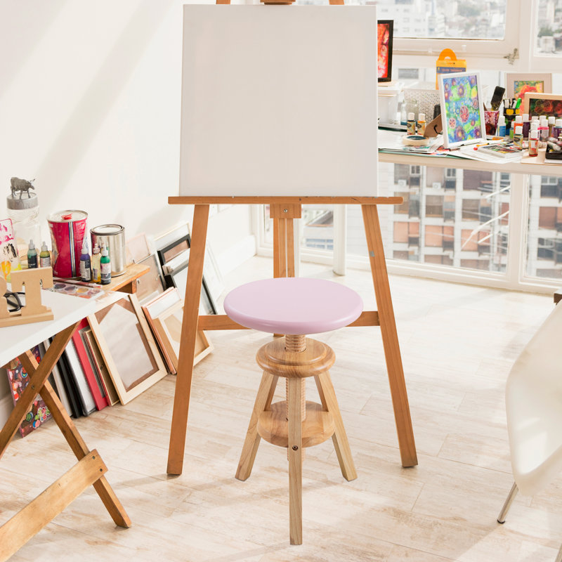 Hiltrun 18.9"-25.2"H Solid Hardwood Swivel Adjustable Height Counter Stool, Natural Base with Pink Top, Pink