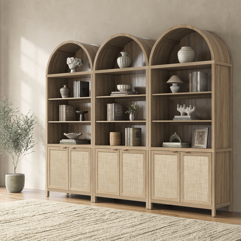 84.25''H Rattan Arched Bookcase With Adjustable Shelf, Light Oak