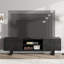 Meuble télé industriel pour téléviseur de 80 po ou moins - console multimédia en bois de chêne naturel avec 2 tiroirs, pieds robustes et rangement ouvert, meuble audio-vidéo noir élégant