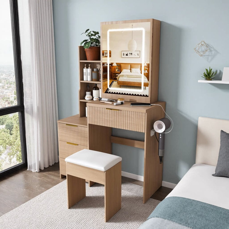 31.5" Modern Vanity Desk with LED Lighting & Power Socket | 4 Drawers & Multiple Open Shelves, Hair Dryer Holder, Dressing Chair Included | Adjustable Brightness, 3 Color Modes