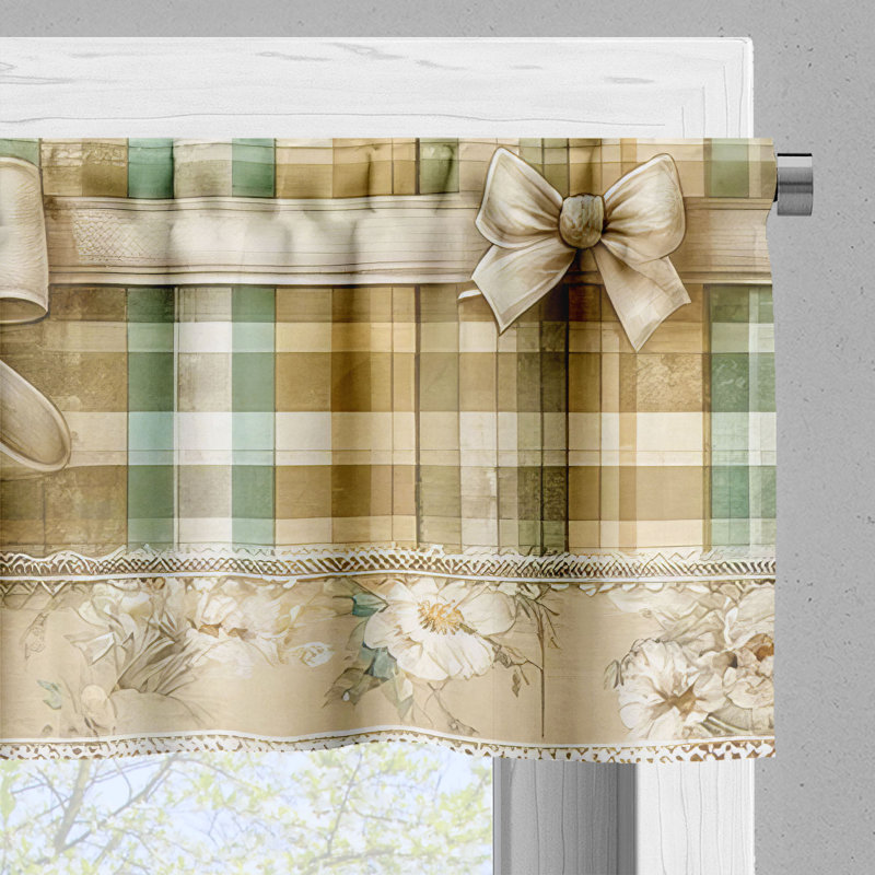 Almond Green Eggshell Plaid Satin Rod Pocket Valance