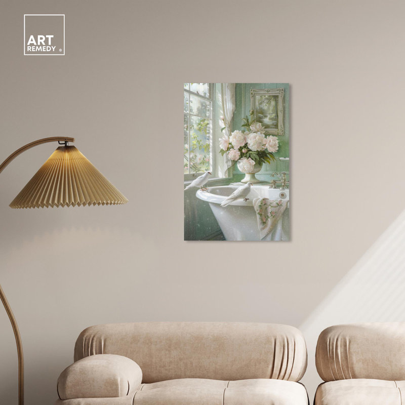 Spring Dove Bathroom Canvas Art in Green and White