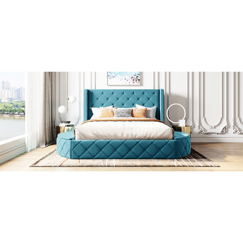 Lit tapissier grand en velours bleu avec tiroir, unité latérale et tête de lit, tiroir et tabourets, Blue