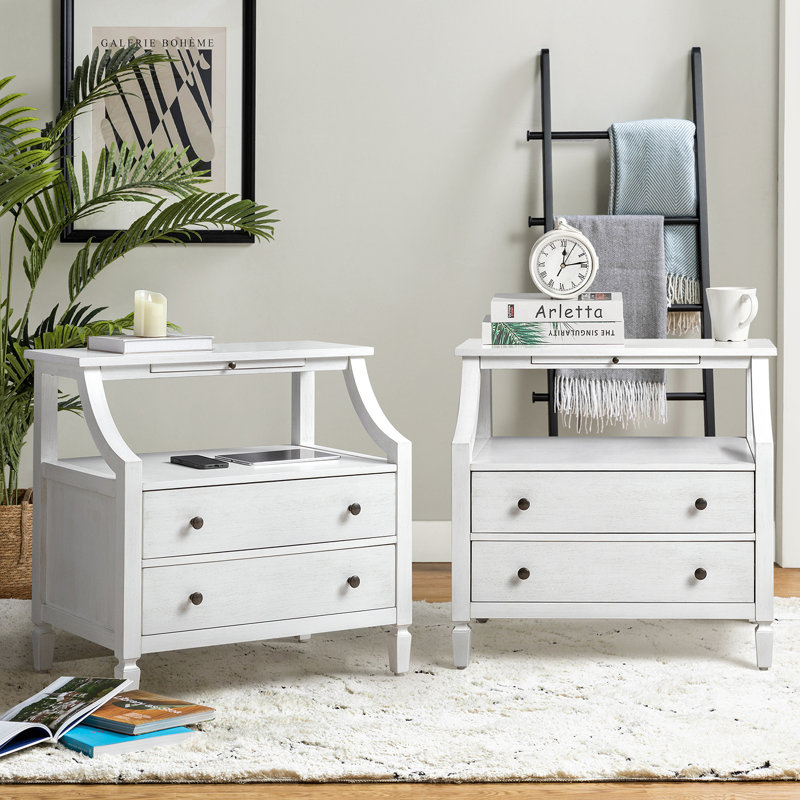 Areebe Transitional 30''W 2-Drawer Nightstand with Pull Out Tray and Charging Station, White