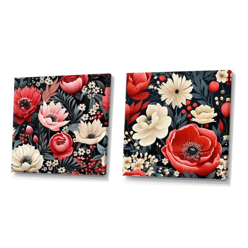 Cadwell - Ensemble de 2 collages carrés floraux, H 16 po x l 33 po, Toile tendue