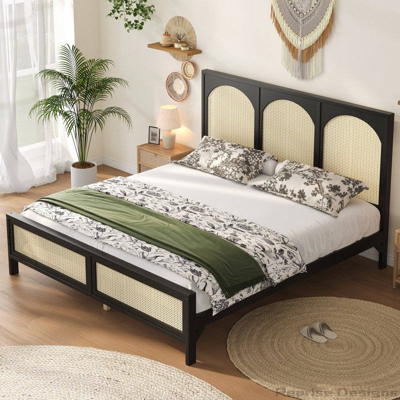 Lit plateforme avec tête et pied de lit en rotin, Black, Grand lit