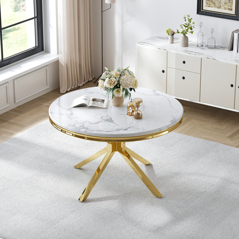 Luxurious Round Dining Table For 4-6 People,46.85”Faux Marble Top With Mirrored Stainless Steel Nest-Shape X Base, Gold