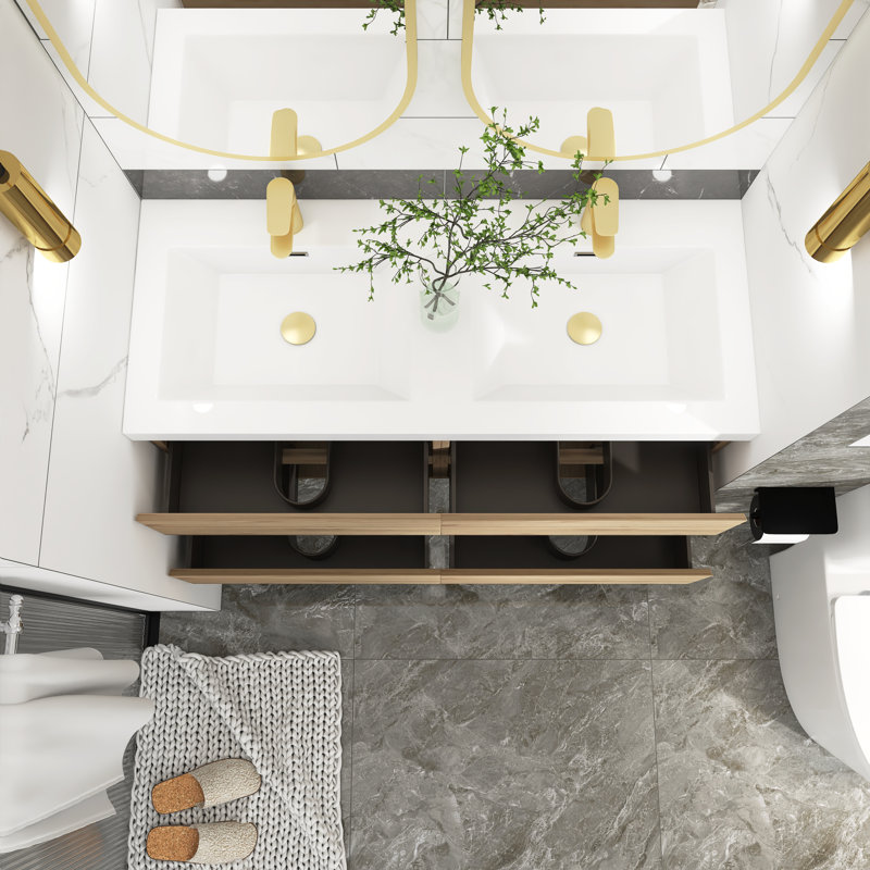Meuble-lavabo double 48 po avec plateau en résine Manthan, Chêne