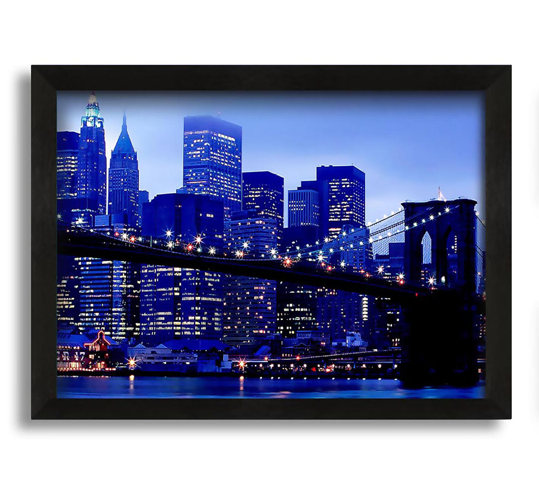 Gerahmtes Poster Brooklyn Bridge Blauer Farbton in Leinwand