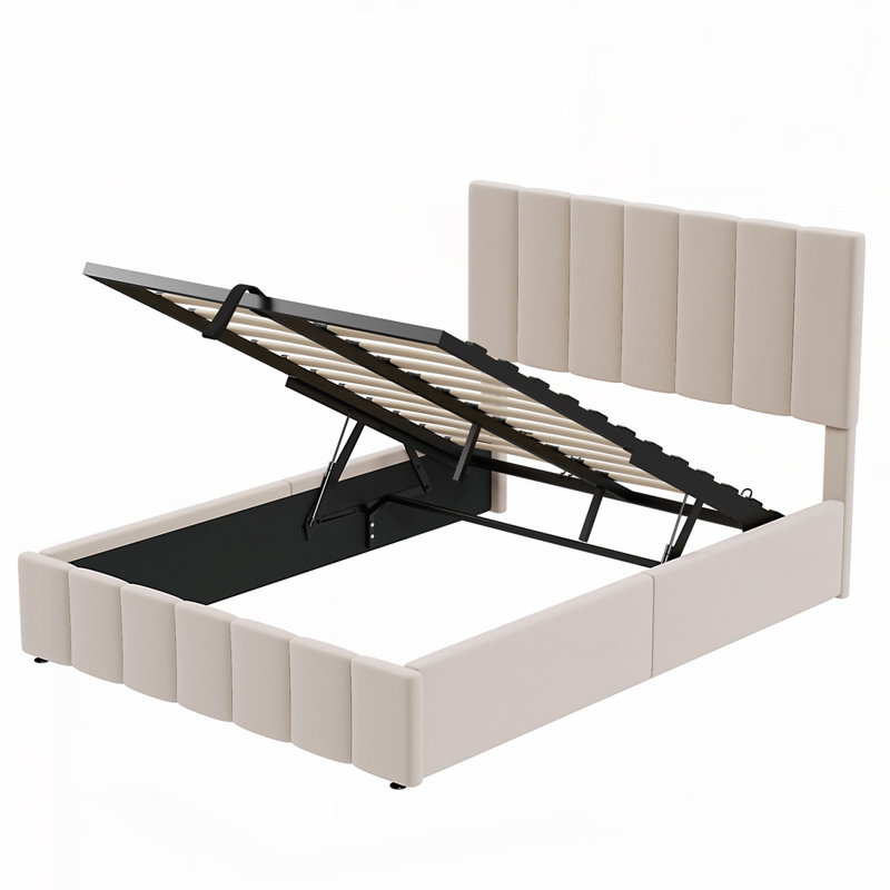 Lit plateforme tapissier avec système de rangement hydraulique, Beige, Double