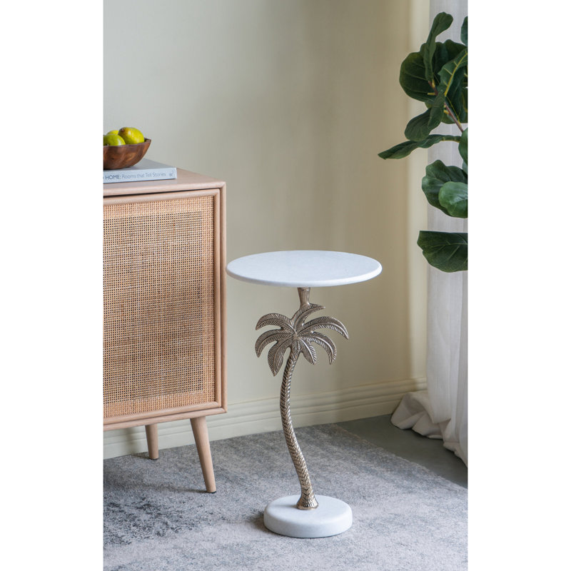 Table d'appoint ronde avec plateau en marbre blanc et palmier doré